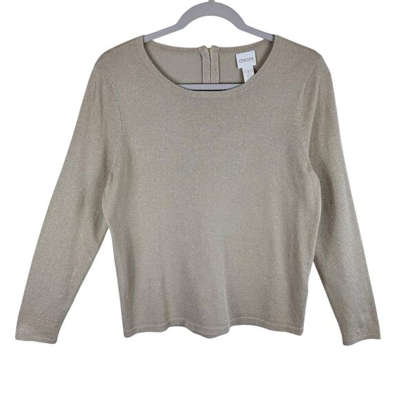 Chico's Gold Shimmery Long Sleeve Round Neck Lightweight Sweater Women's Size M - Picture 1 of 7